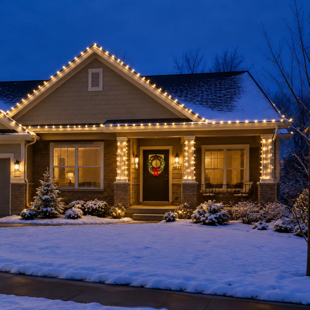Suburban home with Christmas lights on the roofline and porch