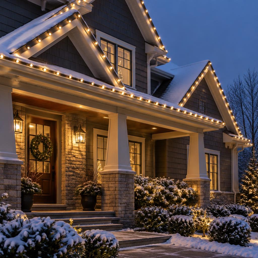 Close-up of warm holiday lights installed along a roofline