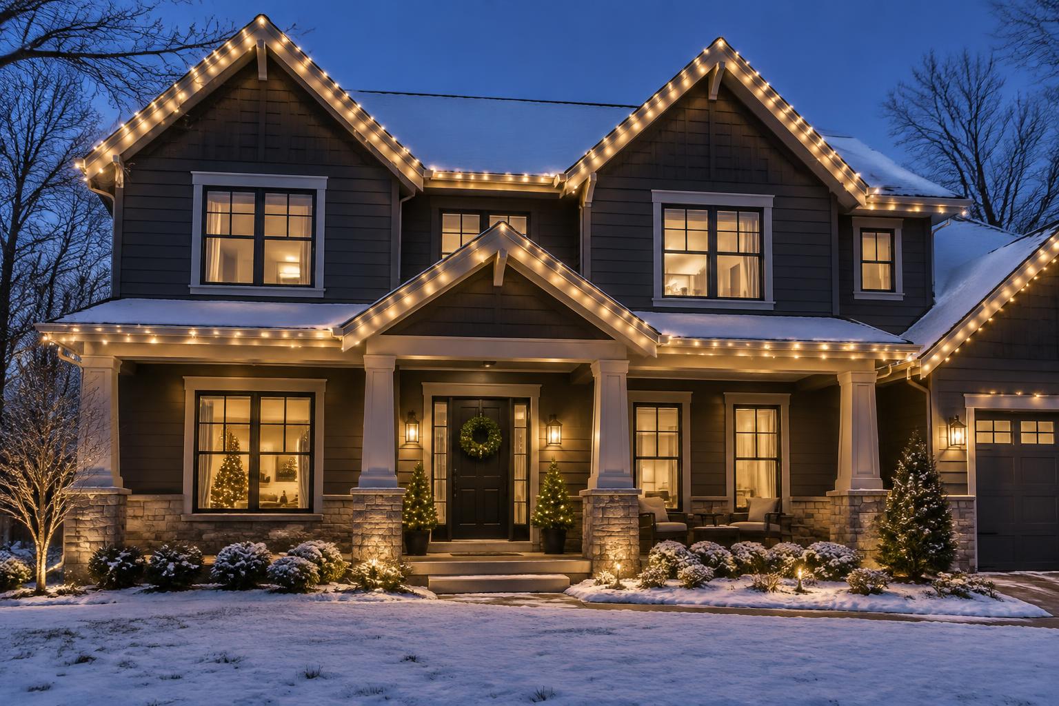 Warm white holiday lights on a snowy central Iowa home
