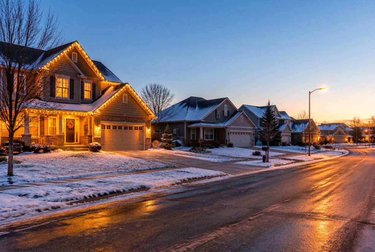 Neighborhood street with homes outlined in warm white Christmas lights